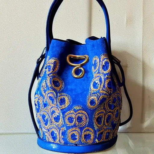 Image similar to a bucket bag made of blue suede. the bag is decorated with intricate golden paisley patterns. the handle of the bag is made of rubies and pearls.