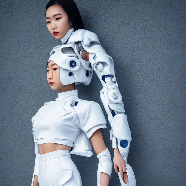 Prompt: high quality photograph of a futuristic asian cyborg girl, fashionable white outfit, blue skin, neotenous, kpop idol apperance, 4 k, portra 4 0 0, 3 5 mm, award winning photography