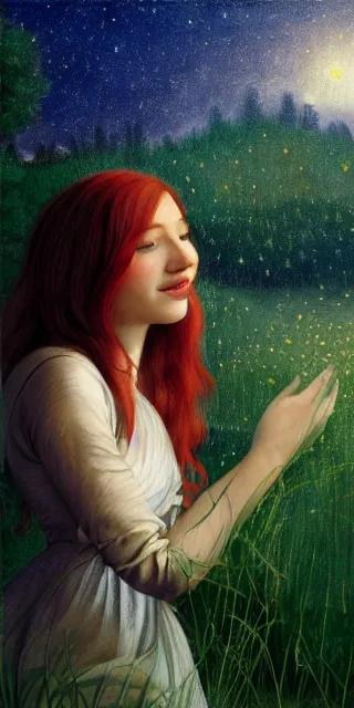 Image similar to infp young woman, smiling, amazed by golden fireflies lights, sitting in the midst of nature fully covered, long loose red hair, intricate linework, green eyes, small nose with freckles, oval shape face, realistic, expressive emotions, dramatic lights mystical scene, hyper realistic ultrafine art by artemisia gentileschi, albert bierstadt, artgerm