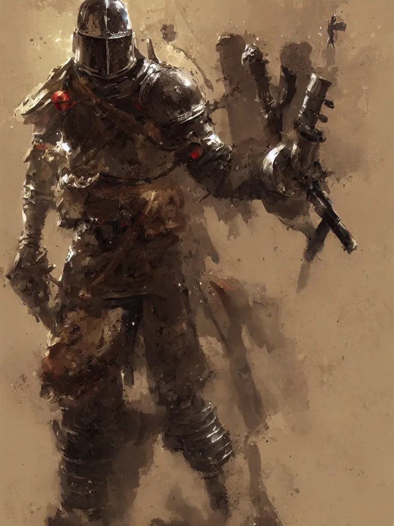 Image similar to A medieval knight holding a gun, painted by Craig Mullins, trending on ArtStation