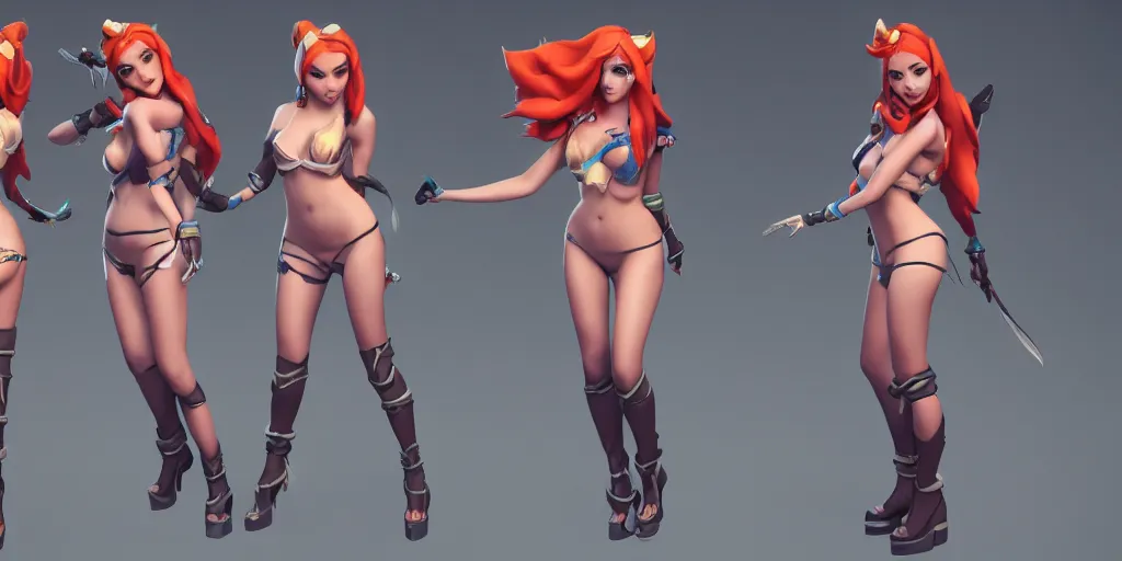 Image similar to Character sheet of pool party miss fortune (League of Legends). 3d octane render trending on artstation