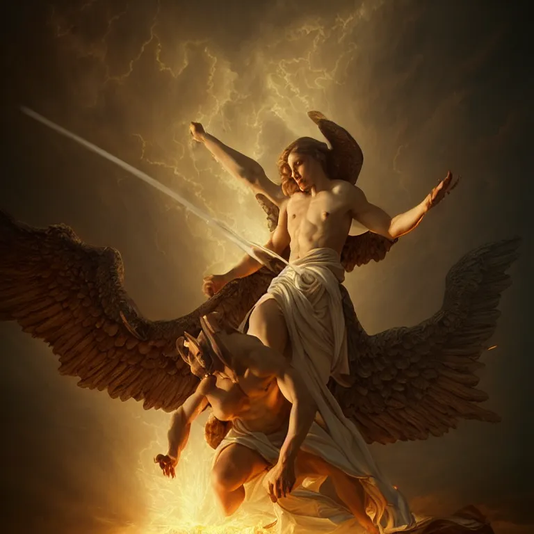 Image similar to an archangel fighting the devil, dreamy atmosphere, symmetrical baroque painting, perfect composition, beautiful and detailed intricate octane highly detailed trending on Artstation, 8K fine art photography, photorealistic, soft natural volumetric cinematic perfect light, chiaroscuro, prize- winning photography, masterpiece, Raphael, Caravaggio, Greg Rutkowski, Beeple