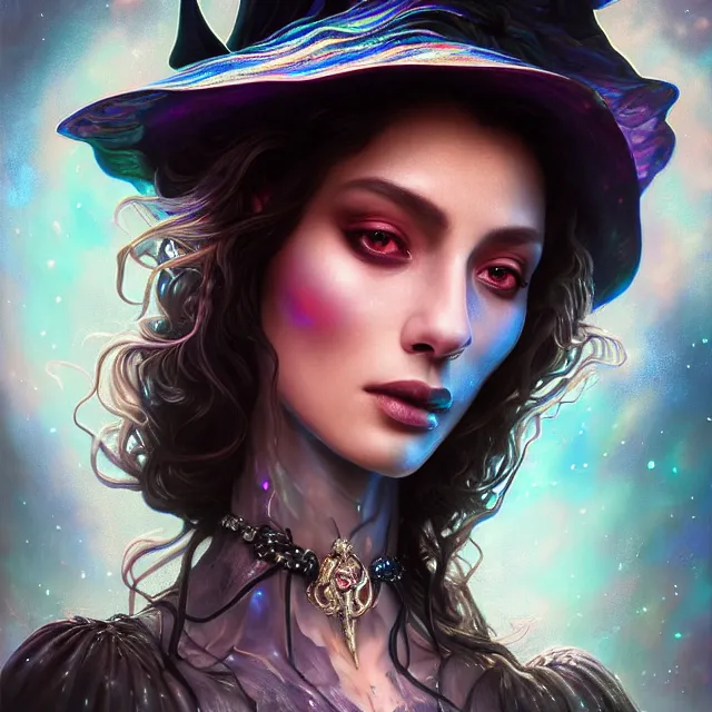 Prompt: detailed portrait of beautiful witch made of iridescent smoke, dark fantasy, sharp focus, vibrant, vivid, glowing magical shiny skin, symmetry, highly detailed, 4 k digital painting, detailed skin, iridescence reflecting, crystal particles, magical, raytracing, plasma, artistic, concept art by artgerm, greg rutkowski, alphonse mucha, unreal engine render,