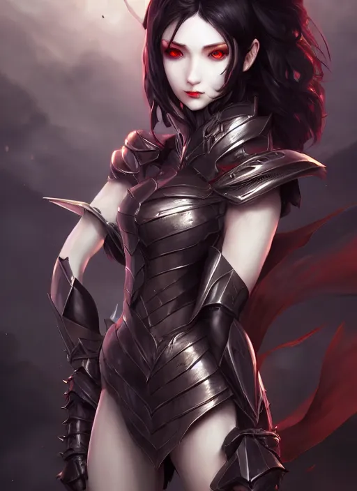 Image similar to full plate armor!!! beautiful and elegant dark hair female vampire!! gorgeous ayes!! character concept art, sharp focus, octane render! unreal engine 5! highly rendered!! trending on artstation!! detailed linework!! illustration by artgerm, wlop, and chie yoshii