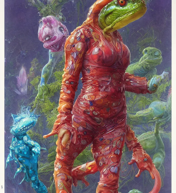 Prompt: brie larson as a brightly colored amphibian hybrid with wet mutated animal skin. wearing a infected tight organic alien suit. by tom bagshaw, donato giancola, hans holbein, walton ford, gaston bussiere, peter mohrbacher, brian froud and iris van herpen. 8 k, cgsociety