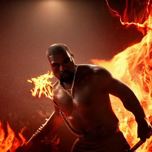 Image similar to kanye west fighting against demons with his golden sword in hell , 8k, hyper realistic, insanely detailed, legendary scene, octane render