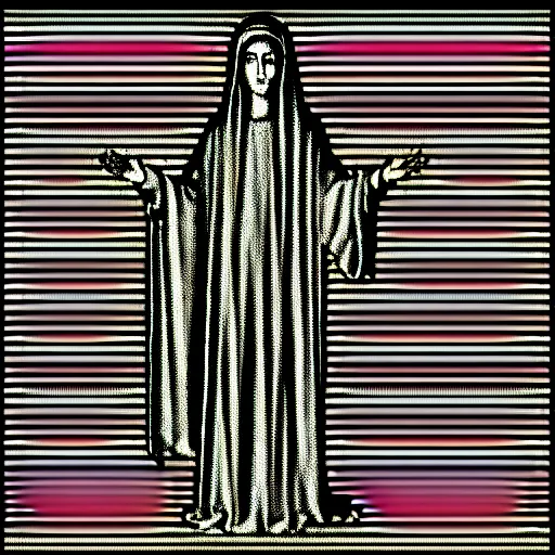 Image similar to vhs static overlay of marian apparition, vhs, 1 9 9 0, highly realistic, highly detailed, vhs noise static, black and white, vhs glitch