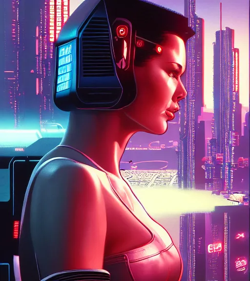 Image similar to cable plugged in, side of head, very very beautiful woman, cyberdeck computer terminal, street level night city, 1 9 7 9 omni magazine cover, style by vincent di fate, artgerm, cyberpunk 2 0 7 7, very coherent, detailed, 4 k resolution, unreal engine, daz