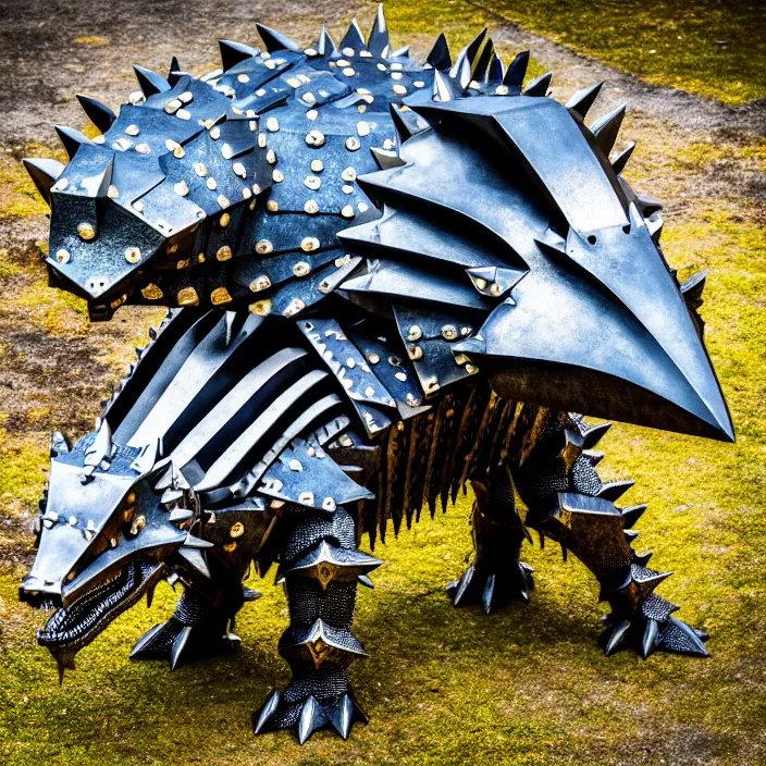 Image similar to photo of a warrior with metal stegosaurus themed armour and helmet, highly detailed, 4 k, hdr, smooth, sharp focus, high resolution, award - winning photo