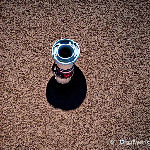 Image similar to industrial extrusion nozzle on flying radio controlled drone, extruding a clay mixture, in the australian desert, XF IQ4, 150MP, 50mm, F1.4, ISO 200, 1/160s, dawn