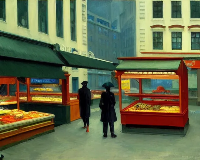 Prompt: street with food stands in a cyberpunk city on a rainy melancholy night by edward hopper