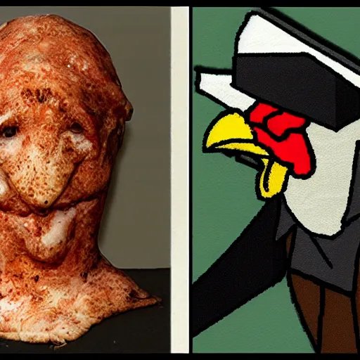 Image similar to prisoner without head but with a chicken head