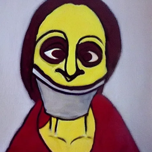 Image similar to pulcinella looks like mr burns, white clothing, mask, painted by antoinette kelly