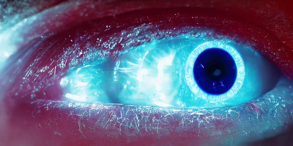 Image similar to an extreme close - up portrait of a neon glowing human eye, photographic filter, unreal engine 5, realistic, hyperdetailed, 8 k, cinematic, volumetric lighting, very realistic effect, hd, hdr, 4 k, sharp focus, octane render, ultra detailed, high resolution, trending on artstation in the style of albert dros glowing rich colors powerful imagery