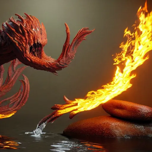 Prompt: A creature made of water and fire, dynamics and flows, meets a creature made of earth and air, in a clash of elements, 8k render, maya and zbrush, by Andrei Riabovitchev