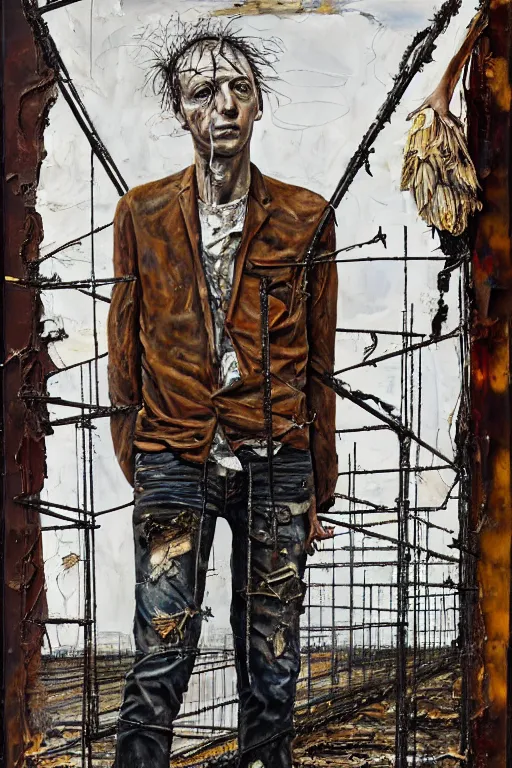 Image similar to a full length portrait of a very ordinary young man with a troubled expression, Anselm Kiefer and Lucian Freud and Jenny Saville, oil painting, rust, Scaffolding, rusted metal and sunflowers, iron cladding, decay, mixed media, textured, anatomically correct, beautiful perfect face, visible brushstrokes, sharp focus, Highly Detailed, photographic emulsion cracked and peeling, Cinematic Lighting, 8k, HD