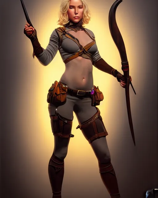 Prompt: full body character art of beautiful female huntress, pretty face, symmetrical features, short blonde hair, by james gurney, volumetric lighting, detailed, oil painting