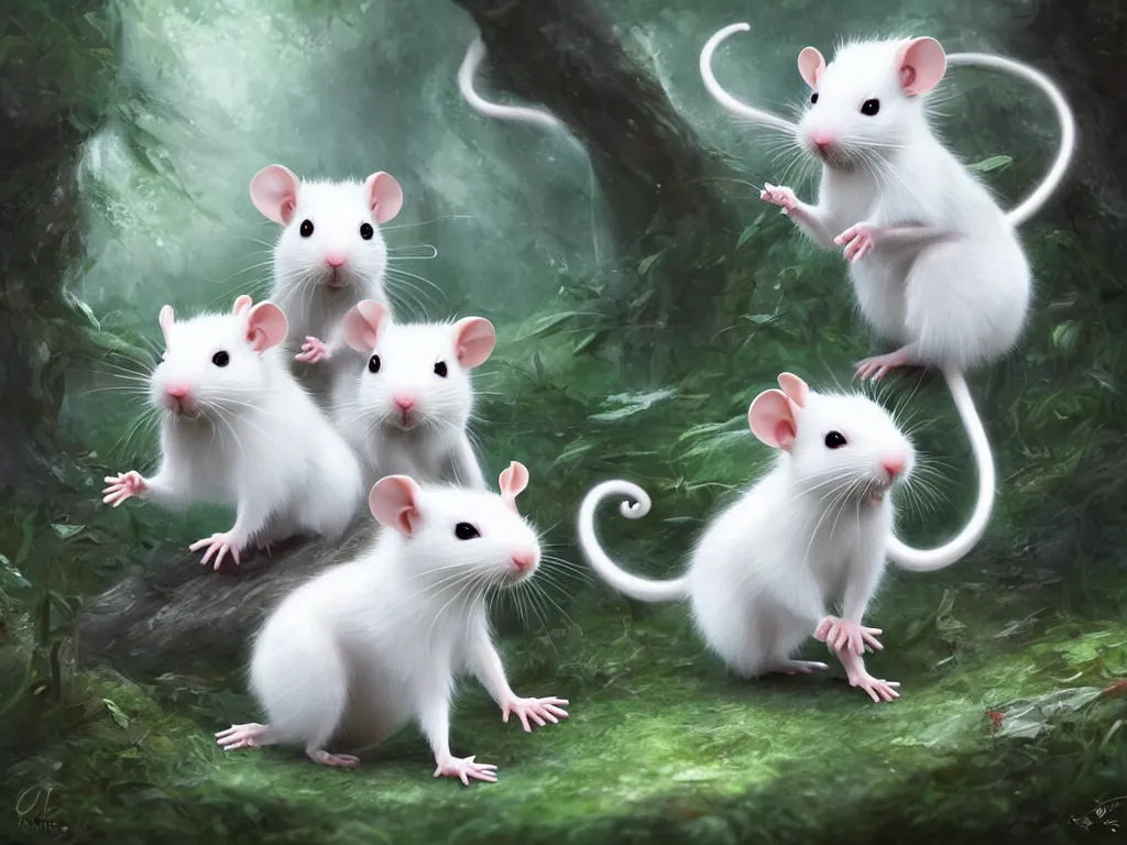 Prompt: two cute white rats in the dreamy forest, fantasy, dreamlike, 8 k resolution, hyper detailed, d & d, character design, digital painting, trending on artstation, sharp focus, illustration, art by artgerm, viktoria gavrilenko, hoang lap, fuji choko, steve zheng