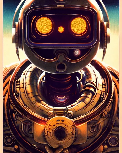 Image similar to zenyatta from overwatch, nine robot eyes, character portrait, portrait, close up, concept art, intricate details, highly detailed, vintage sci - fi poster, retro future, in the style of chris foss, rodger dean, moebius, michael whelan, and gustave dore