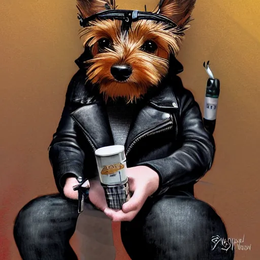 Image similar to an anthropomorphic yorkie dog wearing a black leather punk jacket smoking a cigarette in a hotel lobby, digital art