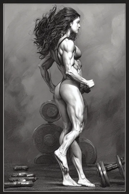 Image similar to muscular heroine, standing in front of a squat rack, with her foot on top of a pile of dumbbells - in the style of greg rutkowski, by Gustave Doré, by Marco Turini, by Artgerm, Deviantart in the style of Tom Bagshaw, Cedric Peyravernay, Peter Mohrbacher by William-Adolphe Bouguereau,4k,