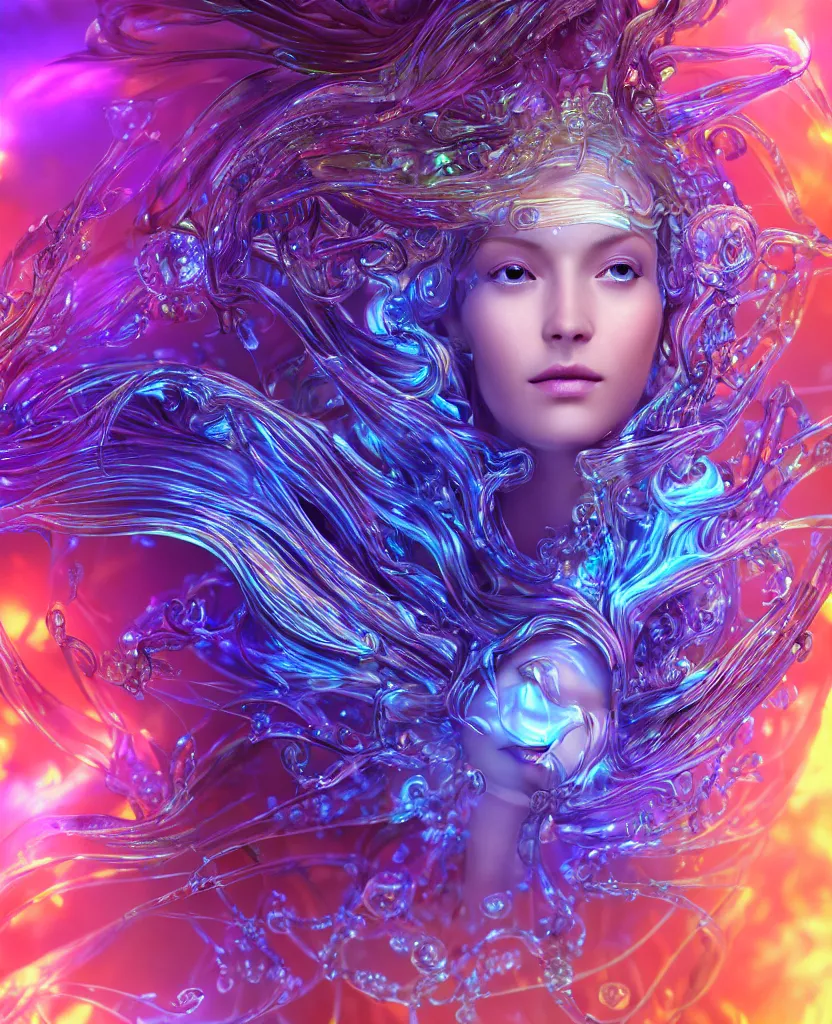 Image similar to iridescent close-up macro portrait of the face of a beautiful princess, epic angle and pose, symmetrical artwork, 3d with depth of field, blurred background, cybernetic jellyfish female face skull phoenix bird, translucent, nautilus, energy flows of water and fire. a highly detailed epic cinematic concept art CG render. made in Maya, Blender and Photoshop, octane render, excellent composition, cinematic dystopian brutalist atmosphere, dynamic dramatic cinematic lighting, aesthetic, very inspirational, arthouse. y Greg Rutkowski, Ilya Kuvshinov, WLOP, Stanley Artgerm Lau, Ruan Jia and Fenghua Zhong