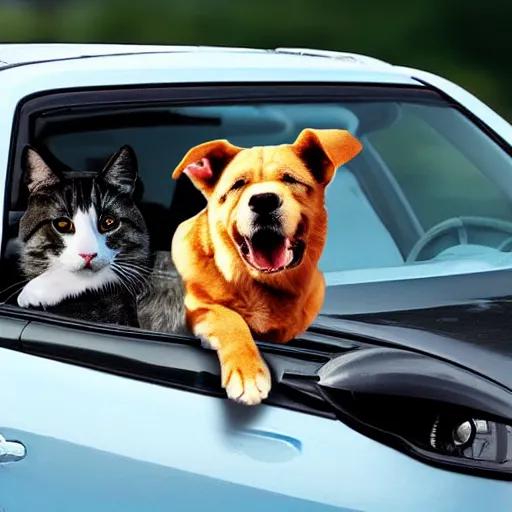 Image similar to dog and cat driving a car with obama sitting on top of car