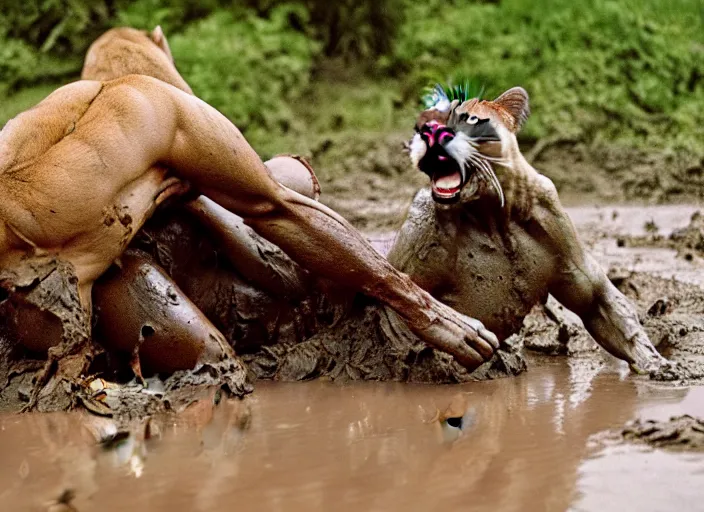 Image similar to she - hulk mud wrestling a mountain lion, movie still, from the movie clan of the cave bear, 8 k, realistic
