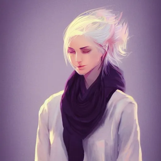 Image similar to portrait of a girl with white hair in a messy white hairbun. She is wearing a short black tshirt, jeans pants, a red scarf. magic atmosphere, digital art, character design. in the style of wlop, rossdraws, artstation trending