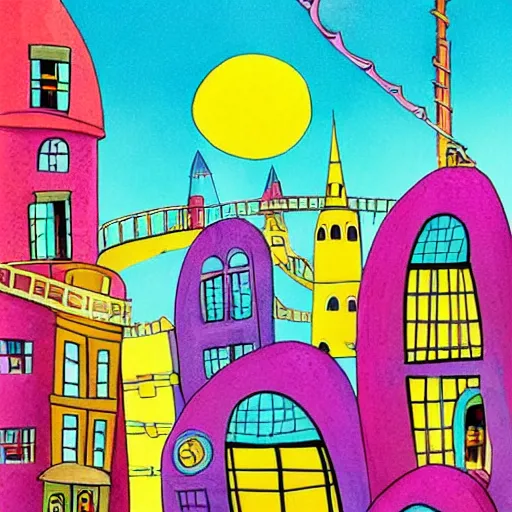 Image similar to fanciful city filled with curvy buildings, by dr seuss, oh the places you'll go, arches, platforms, towers, bridges, stairs, colorful kids book illustration