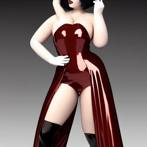 Image similar to a curvy feminine pale goth cutie wearing an elegant elaborate tight latex-nylon-leather sequined tube gown with red highlights, thin-waist, cgsociety, photorealistic, sublime-comforting ambience, 16k, smooth, sharp focus, trending on ArtStation, volumetric lighting, fully clothed, worksafe