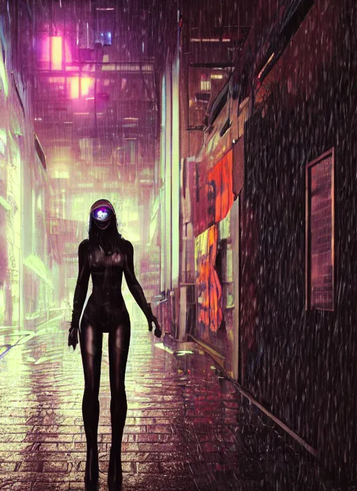 Image similar to cyberpunk woman, raining, in an alley at night back lit, by webang111 and WLOP, by Ilya Kuvshinov, trending on artstation, 8k, Intricate, Unreal Engine