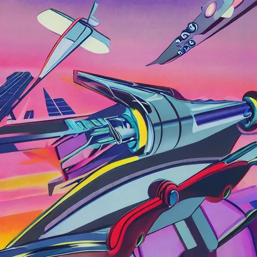 Prompt: flying cars, megacity, the jetsons. Painting by Wyndham Lewis. vaporwave, intricate, hyperrealistic, ultra fine detail, ultra high resolution, fine texture detail, cinematic, 8k, photorealistic, epic photo, trending on artstation