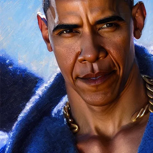 Prompt: detailed realistic cinematic wide shot of beautiful attractive muscular barack obama with gold chain wearing blue bath robe slim face symettrical face clean skin black eyes black robe smooth, sharp focus, ultra realistic, spring light, painting by gaston bussiere, craig mullins, j. c. leyendecker