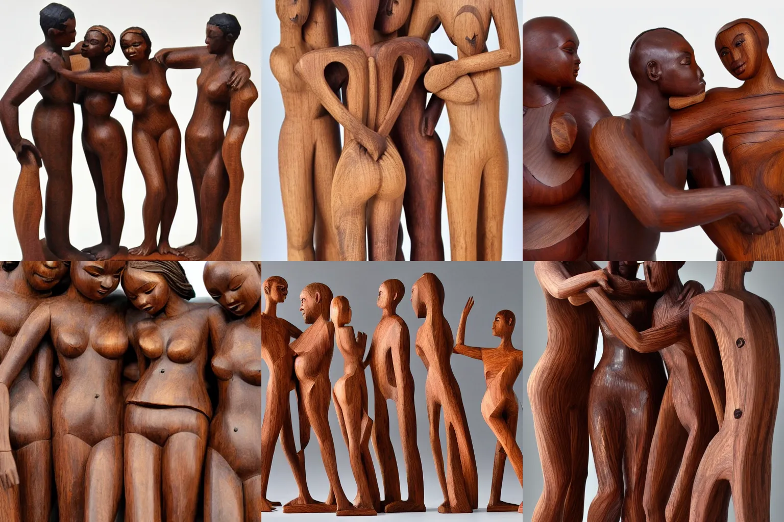 Prompt: wood sculpture of beautiful racially diverse people caressing sensuously