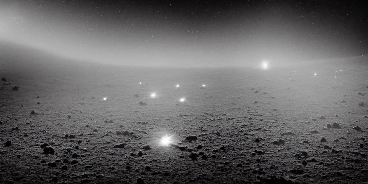 Prompt: closeup black and white photo from the surface of the moon, cinematic film still, glowing landing lights on spaceship landing on, stars and space in the background, fog and dust