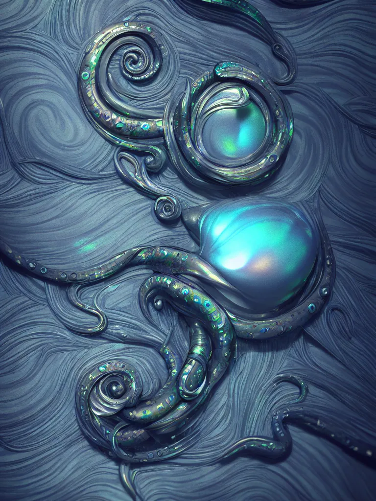 Image similar to nautilus, metallic, iridescent, tentacles, surreal, Octane Render, Unreal Engine