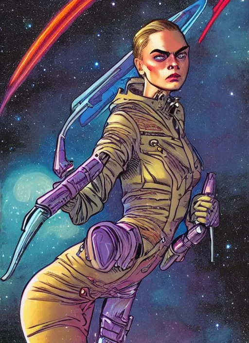 Prompt: Cara Delevingne as badass space wizard in retro science fiction cover by Moebius, vintage 1960 print, detailed, trending on artstation, close up