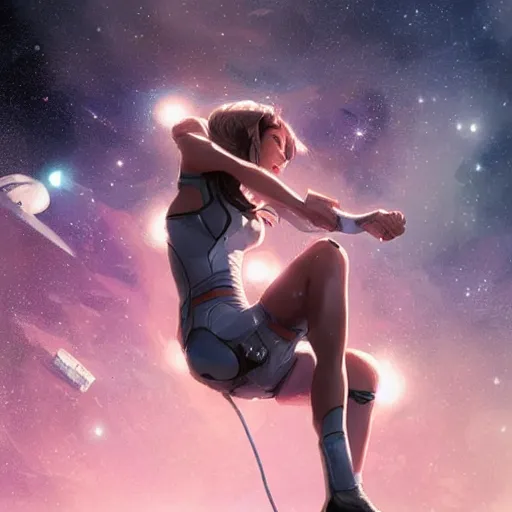 Prompt: a space woman climbing out of a computer screen into a new dimension, illustration, art by artgerm and greg rutkowski,