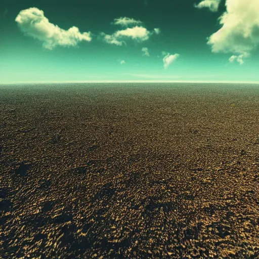 Prompt: Ground view of the surface of an exoplanet, sharp, detailed, clouds, exotic endless horizon, beautiful landscape, colorful, award winning photography