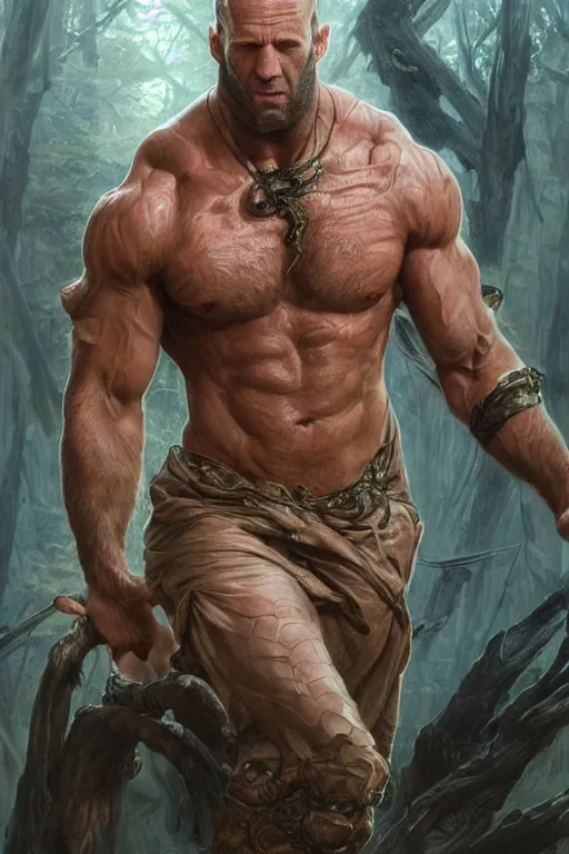 Image similar to portrait of jason statham as a hulking herculean demon, forest, godlike, full body, fantasy, intricate, elegant, highly detailed, digital painting, artstation, concept art, sharp focus, illustration, art by artgerm and greg rutkowski and alphonse mucha