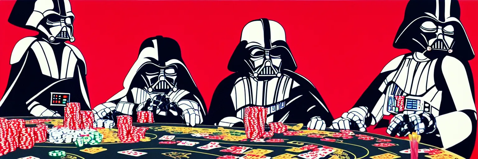 Image similar to hyperrealism composition of the detailed woman in a japanese kimono sitting at an extremely detailed poker table with darth vader and stormtrooper, fireworks on the background, pop - art style, jacky tsai style, andy warhol style, acrylic on canvas