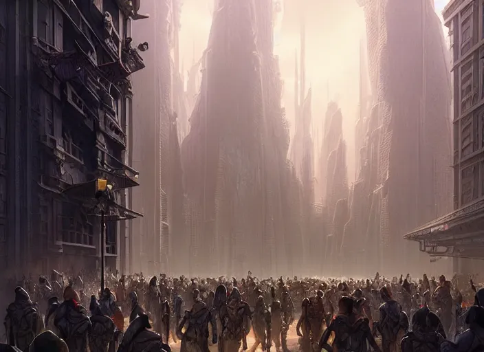 Image similar to a large group of people standing around a building, a detailed matte painting by stephan martiniere, cgsociety, fantasy art, concept art, matte painting, matte drawing