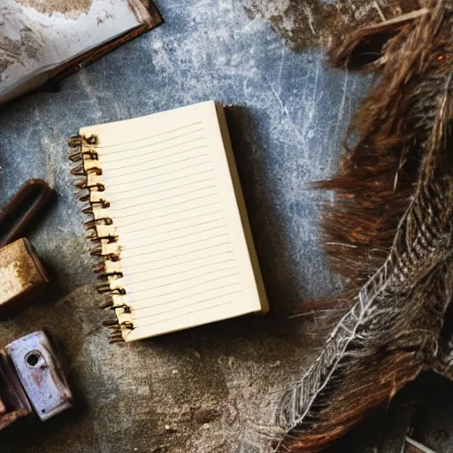 Image similar to a young woman finds a dusty diary on the floor of an abandoned farmhouse, post apocalyptic