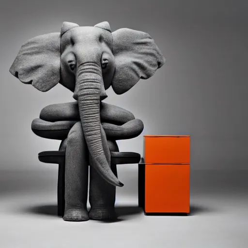 Prompt: an armchair in the shape of an elephant with grey and orange accents designed by antony gormley, advertising photography