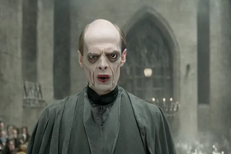 Prompt: film still of Steve Buscemi as Lord Voldemort in Harry Potter movie