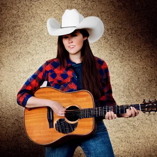 Image similar to a female fox animal, wearing cowboy hat, wearing plaid shirt, playing guitar, inside a barn, album cover style