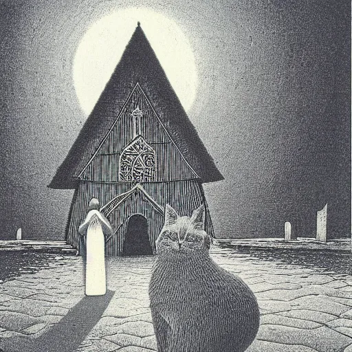 Image similar to woodblock print of a fluffy grey cat pointing it's paw at a priest in front of a white stave church by zdzislaw beksinski fantastic realism early morning - - h 2 0 0 0