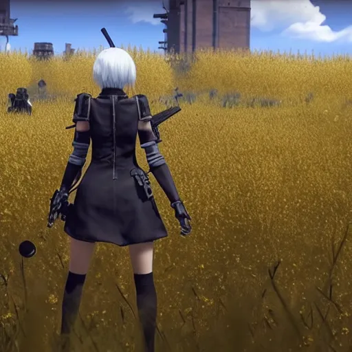Image similar to a very high resolution image from nier : automata, featuring 9 s android fighting russian spetznaz in yellow rye field under pure blue skies