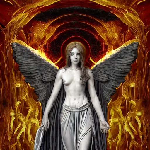 Prompt: Angel made out of chrome standing in the front of gates of hell . angel is draped with bones. Smoke effects forms question mark. Digital painting. Art station. Mood lighting. Skindness, highly detailed, concept art, intricate, sharp focus, hieronymos bosch, einar jonsson and bouguereau - h 1200